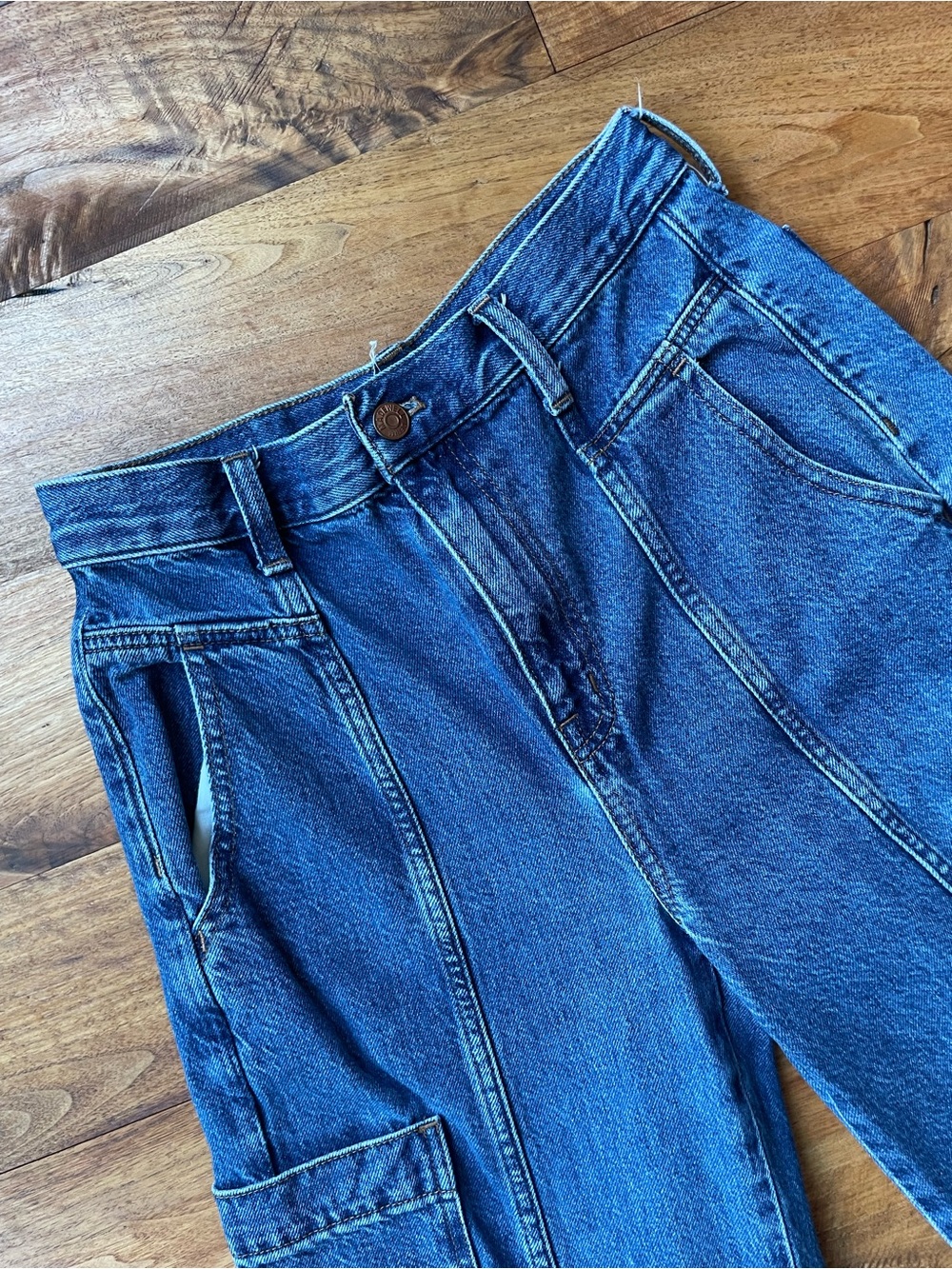 Madewell Baggy Straight Cargo High-Rise Wide Leg Patch Jeans size 27 NN489 - Picture 4 of 14